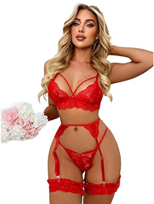 WDIRARA Women's 3 Pieces Floral Lace Mesh Garter Straps Lingerie Set