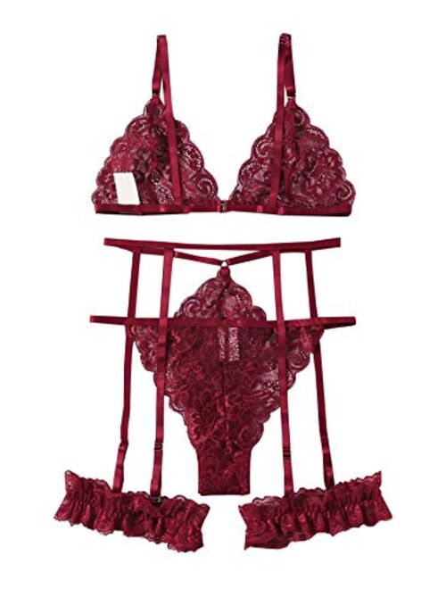 WDIRARA Women's 3 Pieces Floral Lace Mesh Garter Straps Lingerie Set