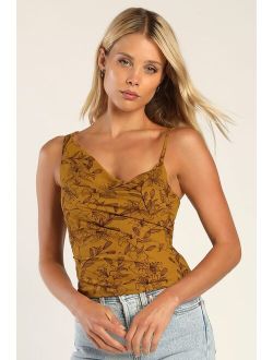 Gorgeous Energy Dark Mustard Floral Asymmetrical Cowl Neck Top