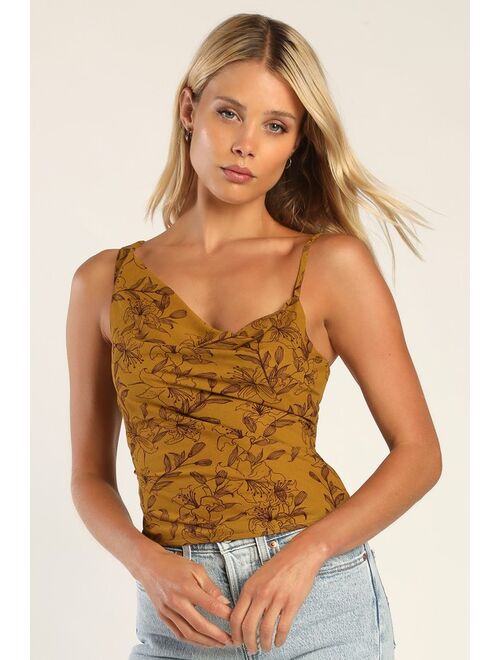 Lulus Gorgeous Energy Dark Mustard Floral Asymmetrical Cowl Neck Top