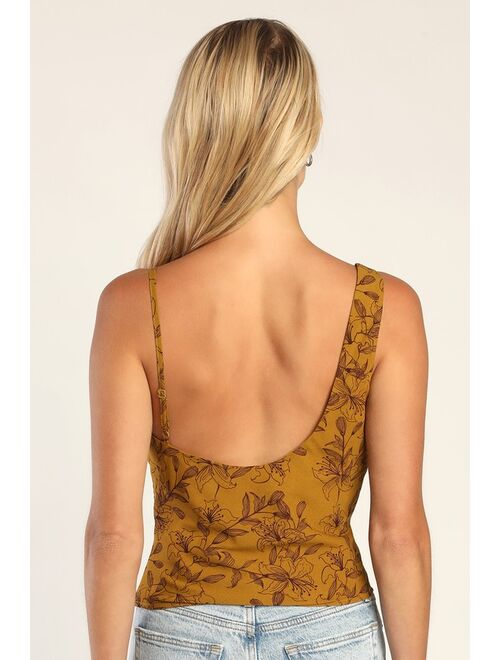 Lulus Gorgeous Energy Dark Mustard Floral Asymmetrical Cowl Neck Top