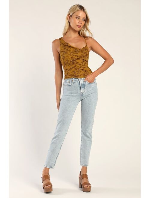 Lulus Gorgeous Energy Dark Mustard Floral Asymmetrical Cowl Neck Top