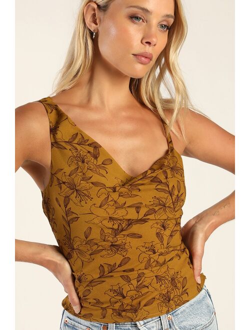 Lulus Gorgeous Energy Dark Mustard Floral Asymmetrical Cowl Neck Top