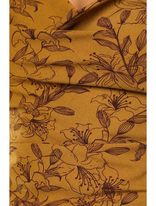 Lulus Gorgeous Energy Dark Mustard Floral Asymmetrical Cowl Neck Top