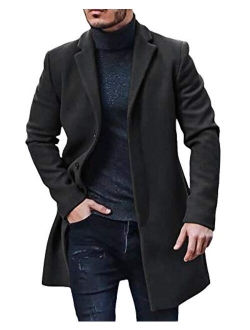 PASLTER Mens Trench Coat Slim Fit Notched Collar Fall Winter Single Breasted Pea Coat Warm Soft Overcoat