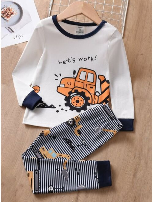 Shein Boys Slogan & Excavator Print Contrast Binding Snug Fit PJ Set