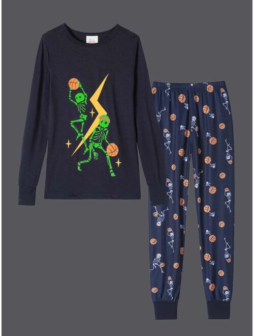 Shein Boys Basketball & Skull Print PJ Set