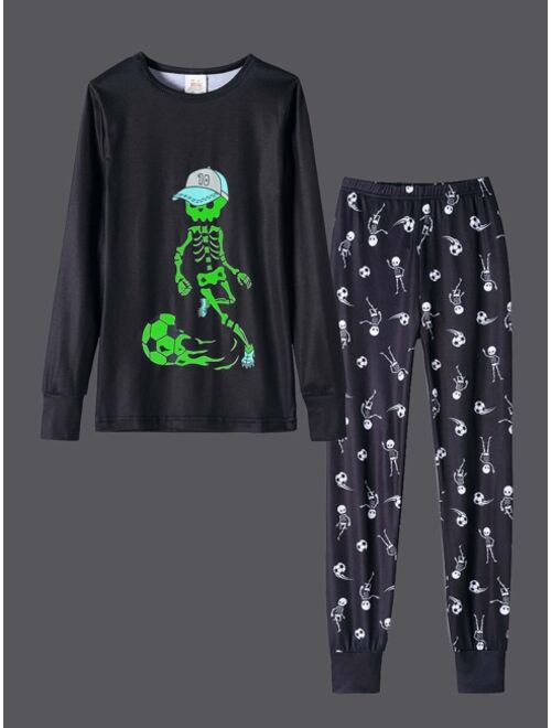 Shein Boys Reflective Skeleton & Football Print Slim Fit PJ Set