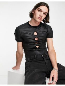 muscle t-shirt in black coated fabric with cut outs