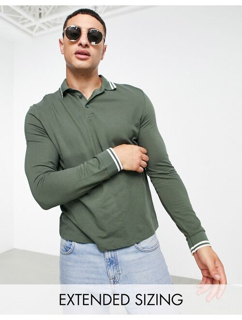 ASOS DESIGN long sleeve tipped pique polo shirt in khaki - MGREEN