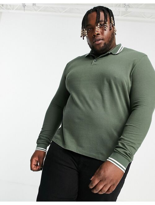 ASOS DESIGN long sleeve tipped pique polo shirt in khaki - MGREEN