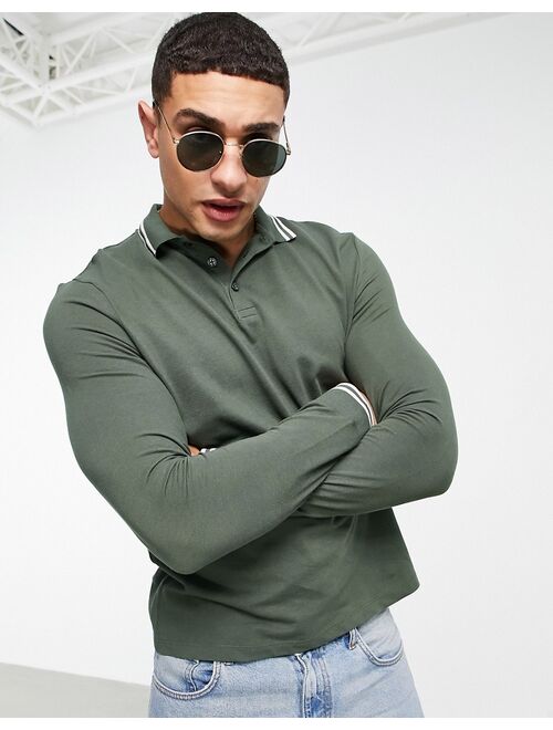 ASOS DESIGN long sleeve tipped pique polo shirt in khaki - MGREEN