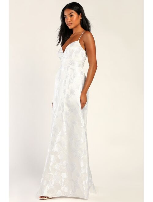 Lulus With Passion White Floral Print Jacquard Sleeveless Maxi Dress