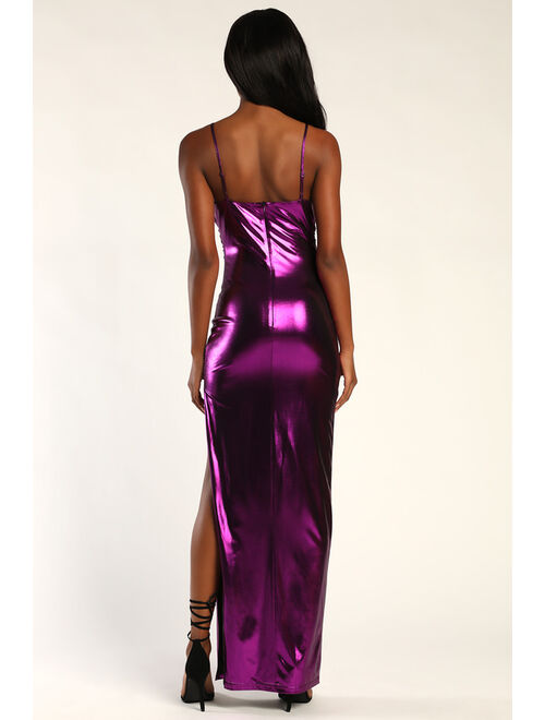 Lulus Glow For Me Purple Metallic Cowl Neck Maxi Dress