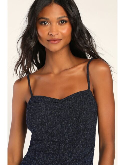 Lulus Sparkling Vision Shiny Midnight Blue Tulip Mini Dress