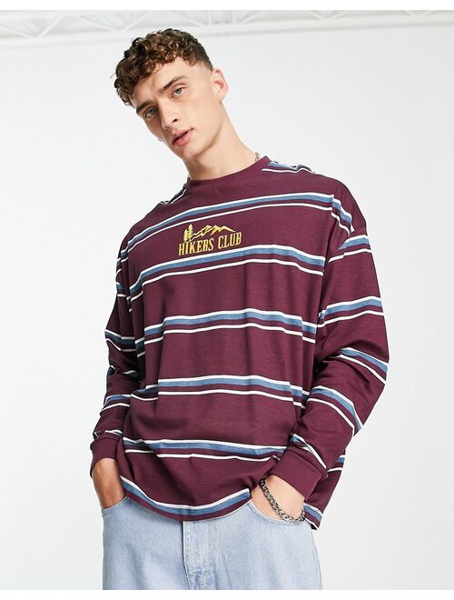 ASOS DESIGN oversized long sleeve stripe T-shirt in burgundy with mountain chest print