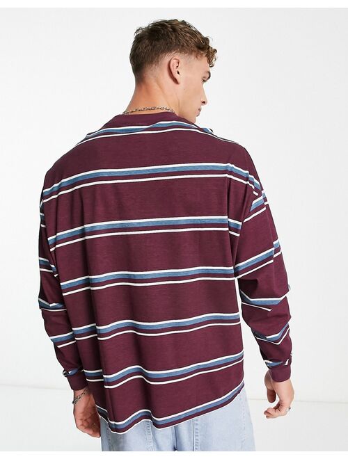 ASOS DESIGN oversized long sleeve stripe T-shirt in burgundy with mountain chest print