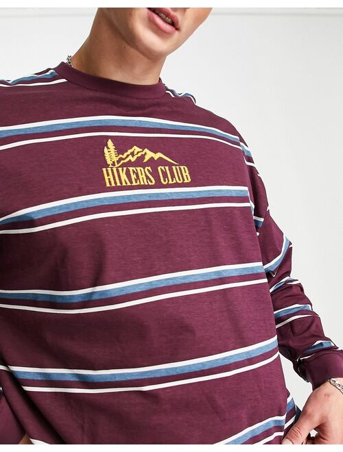 ASOS DESIGN oversized long sleeve stripe T-shirt in burgundy with mountain chest print