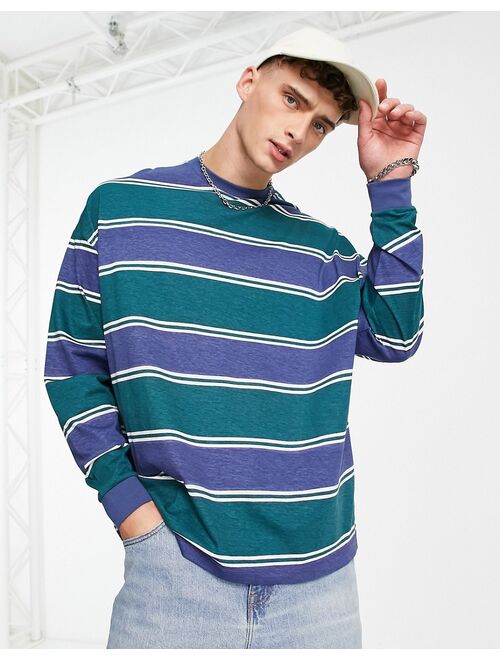 ASOS DESIGN oversized long sleeve stripe T-shirt in navy and green