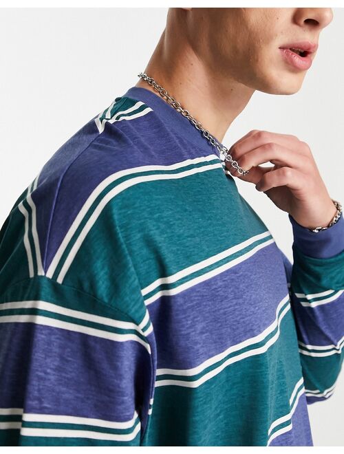 ASOS DESIGN oversized long sleeve stripe T-shirt in navy and green