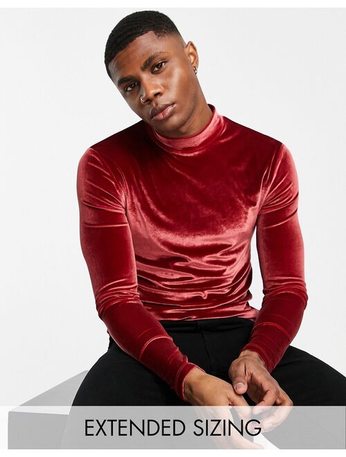 ASOS DESIGN muscle long sleeve t-shirt in burgundy velour with turtle neck