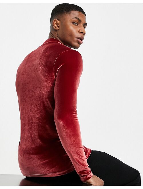 ASOS DESIGN muscle long sleeve t-shirt in burgundy velour with turtle neck