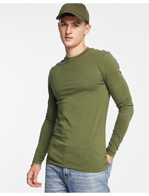 ASOS DESIGN muscle fit long sleeve t-shirt with crew neck in khaki