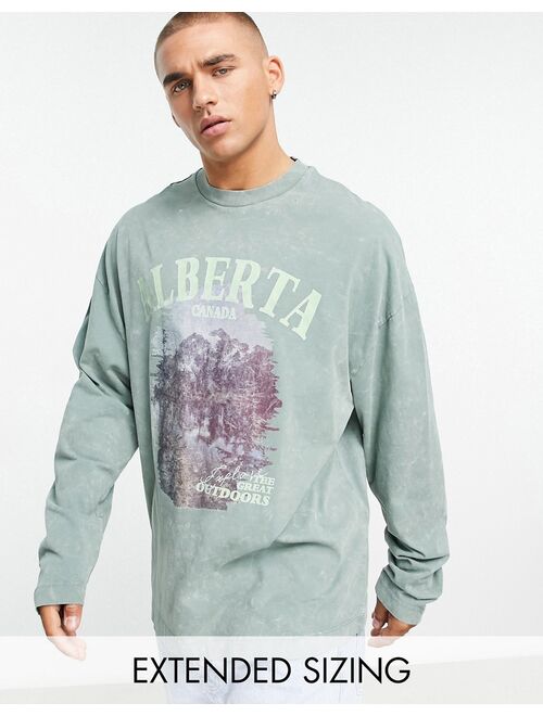 ASOS DESIGN oversized long sleeve T-shirt in washed green with Alberta front & back print