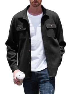 Mens Casual Wool Blend Shackets Long Sleeve Button Down Shirt Jacket with Side Pockets