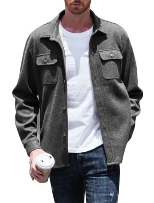 COOFANDY Mens Casual Wool Blend Shackets Long Sleeve Button Down Shirt Jacket with Side Pockets