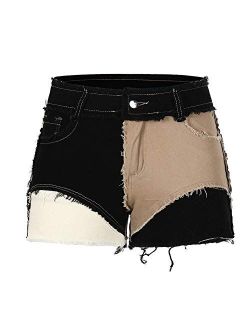 THUNDER STAR Womens Mid Rise Stretchy Patchwork Jeans Shorts Raw Frayed Hem Casual Denim Shorts