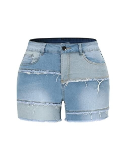 THUNDER STAR Womens Mid Rise Stretchy Patchwork Jeans Shorts Raw Frayed Hem Casual Denim Shorts