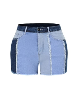 THUNDER STAR Womens Mid Rise Stretchy Patchwork Jeans Shorts Raw Frayed Hem Casual Denim Shorts