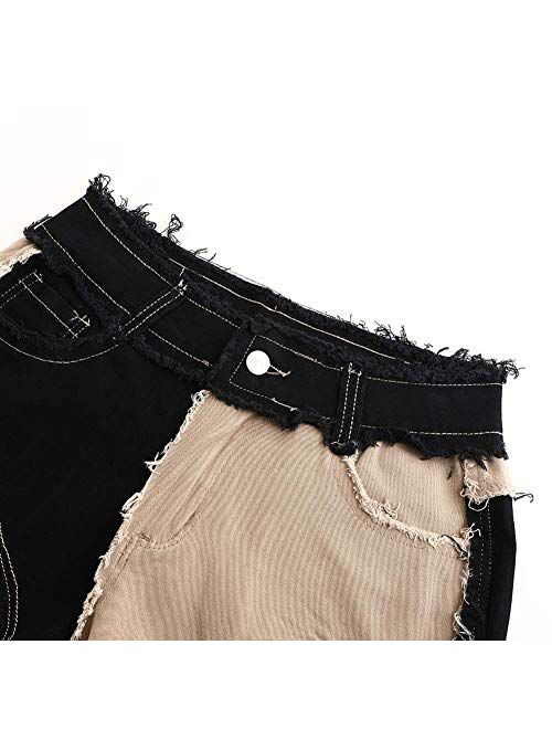 THUNDER STAR Womens Mid Rise Stretchy Patchwork Jeans Shorts Raw Frayed Hem Casual Denim Shorts