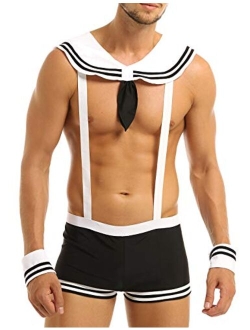 YiZYiF Mens Sexy Sailor Halloween Costume Outfit Lingerie Set Mankini Suspender Swimsuit Thong Underwear