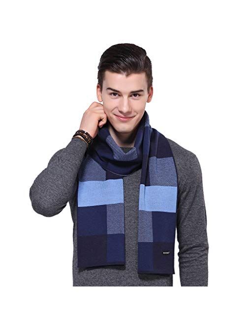 KODOD Plaid Striped Wool Scarf for Men - Winter Soft Thick Cashmere Knit Scarves