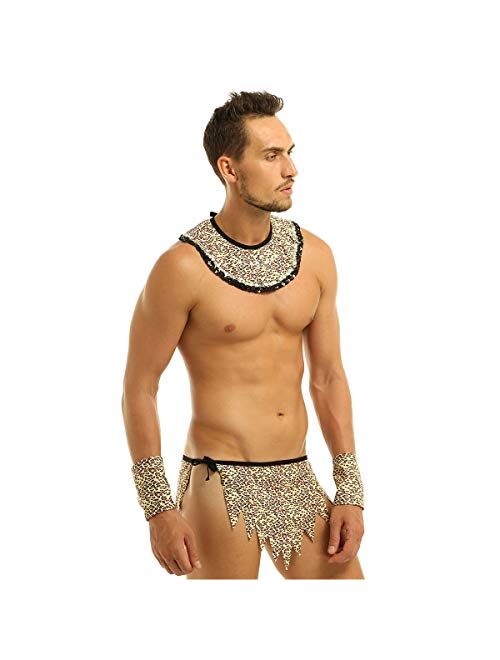 YOOJOO Men's Caveman Costume Leopard Print Collar Loincloth Underwear with Wristbands Cosplay Halloween