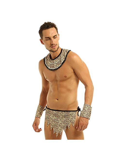 YOOJOO Men's Caveman Costume Leopard Print Collar Loincloth Underwear with Wristbands Cosplay Halloween