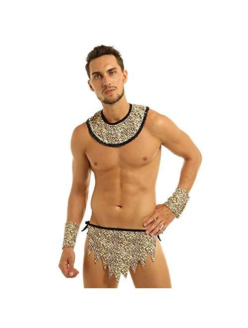 YOOJOO Men's Caveman Costume Leopard Print Collar Loincloth Underwear with Wristbands Cosplay Halloween