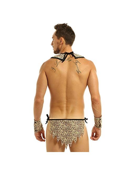 YOOJOO Men's Caveman Costume Leopard Print Collar Loincloth Underwear with Wristbands Cosplay Halloween