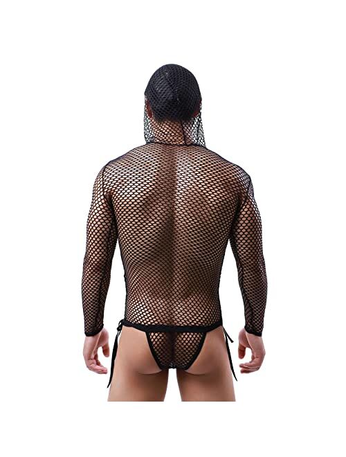 Ctreela Men's Fishnet Lingerie Underwear Gentleman Halloween Costume Cosplay Outfits Long Sleeve Hooded Muscle Tops with Thong