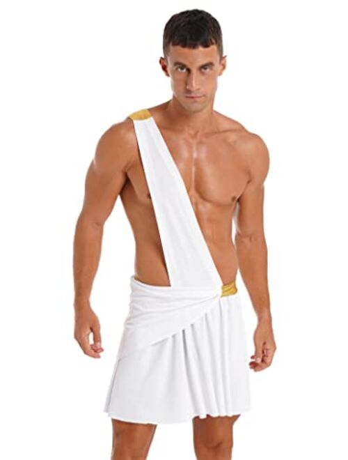 Haitryli Mens Ancient Greek Roman Cosplay Costumes One-Shoulder Strap Ruffle Skirt Grecian Sexy Toga