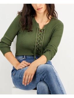 Women's Lace-Up Ribbed Sweater, Created for Macy's