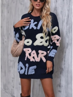 Letter Pattern Drop Shoulder Sweater Dress