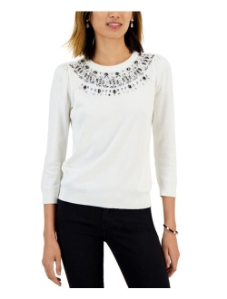 Women's Jewel-Embellished Puff-Sleeve Sweater, Created for Macy's