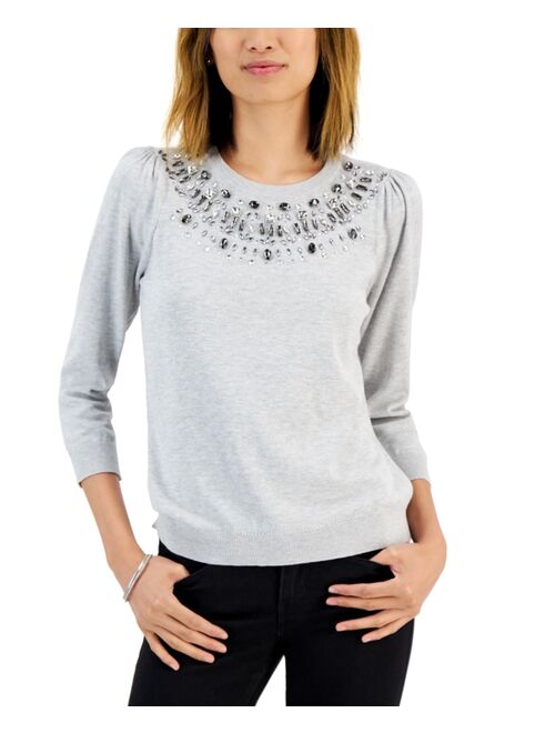 CHARTER CLUB Women's Jewel-Embellished Puff-Sleeve Sweater, Created for Macy's