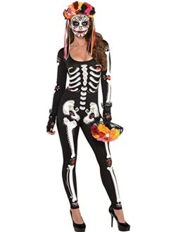 Party City Day of The Dead Catsuit Halloween Costume for Women, Dia de Los Muertos