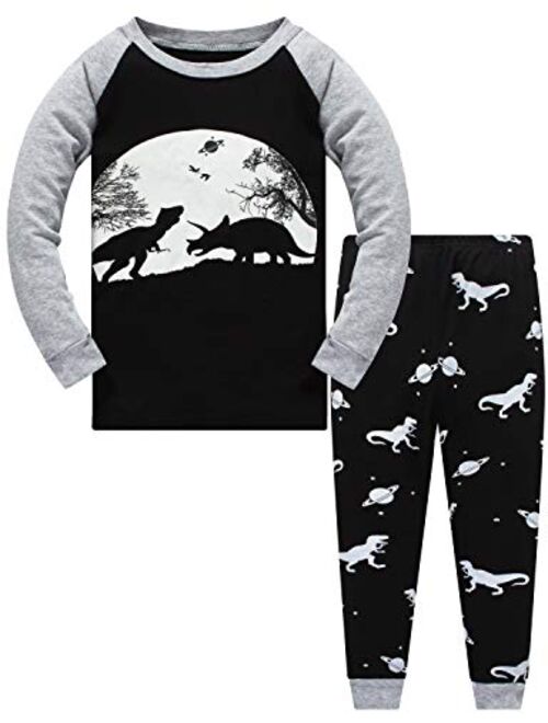 Popshion Little Boys Pajamas Sets Glow in Dark Dinosaur 100% Cotton 2 Piece Shark Toddler Clothes Kids Pjs Sleepwear Size 2-10T