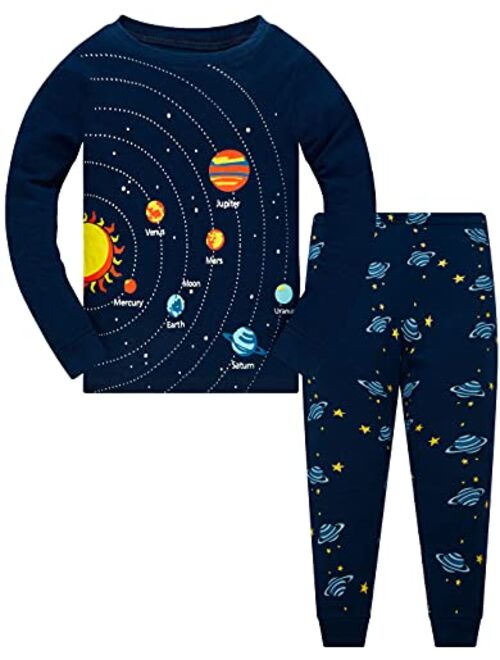 Akyzic Toddler Boys Planet Pajamas Dinosaur Cotton Kids Truck 2 Piece Train Kids Pjs Sleepwear Clothes Set 3-10T