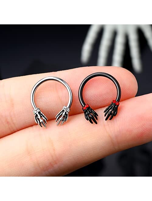 Melighting Skeleton Hand Septum Rings 16G Black Daith Earrings Halloween Septum Jewelry Clear CZ Surgical Steel 316L Helix Earring Cartilage Tragus Piercing for Women Men